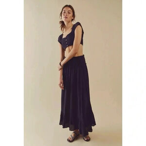 New Free People Linen Two-Piece Maxi Skirt Set Black Epic Small